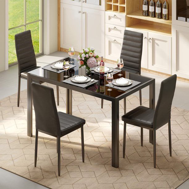 Lofka Glass Dining Table Set for 4, Dining Room Sets with 4 Back Support Chairs for Dinner, Black