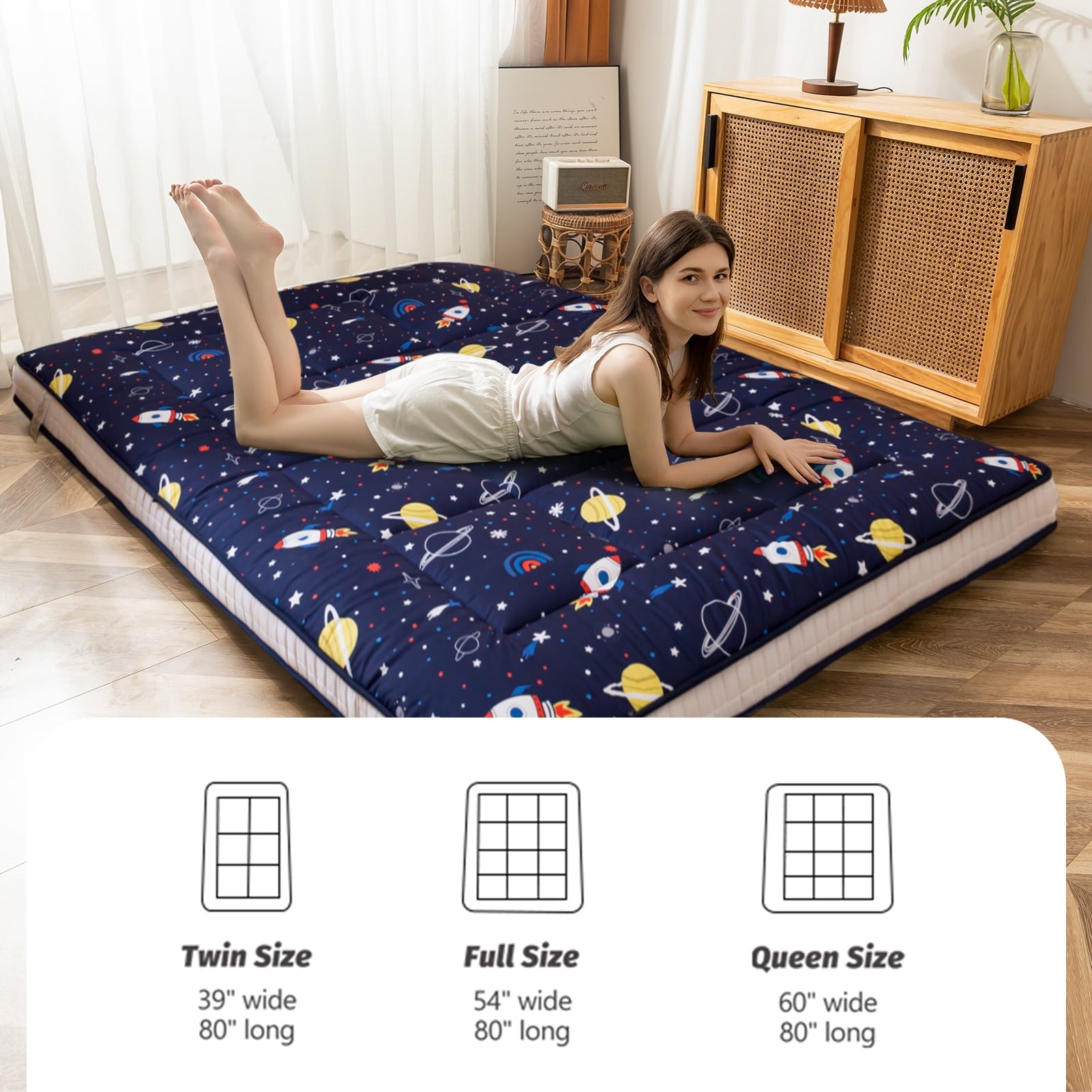 Thick Futon Floor Mattress, Memory foam Padded Japanese Floor Mattress, Navy Space, Twin