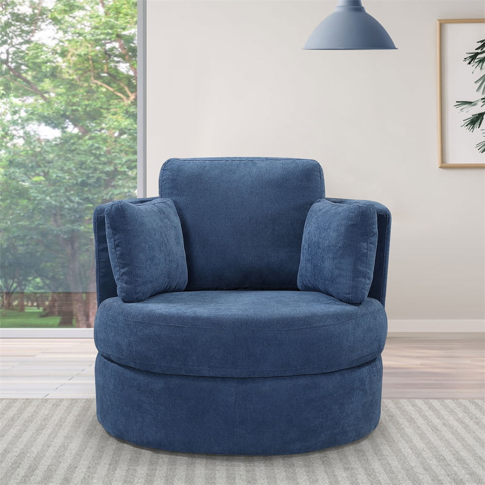 Swivel Barrel Chair, Modern Teddy Fabric Swivel Accent Barrel Chair Armchair, Upholstered Cozy Club Chairs Sofa Arm Chair for Nursery, Bedroom, Office, Hotel, Dark Blue