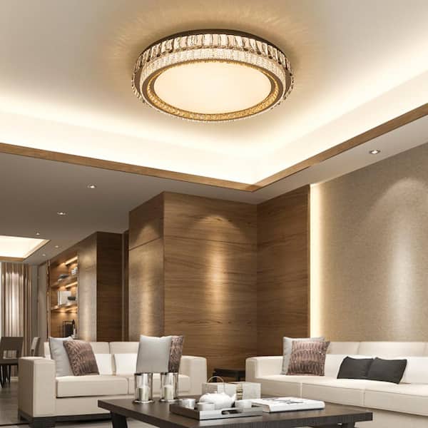 19.68 in. 1-Light Modern Crystal Silver 3-color Selectable LED Flush Mount Ceiling Light