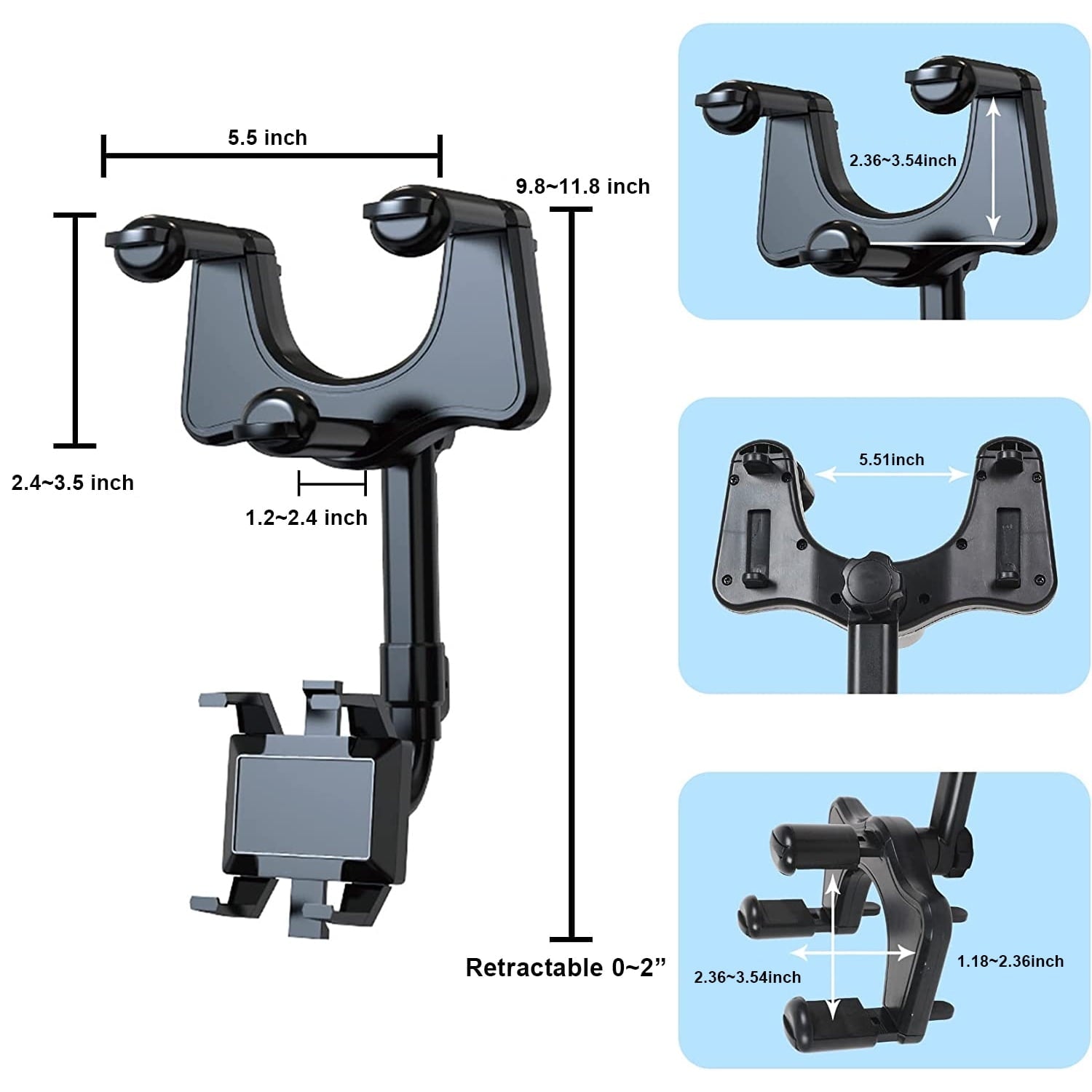 Romanda 360° Rotatable Rearview Mirror Phone Mount for Car, Retractable Universal Car phone Holder Mount for Car Decor, Four Corners Fixed Anti-Shake Design, for All Mobile Phones and All Car
