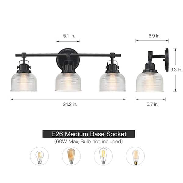 24 in. 3-Light Black Bathroom Vanity Light with Clear Prismatic Glass Shade