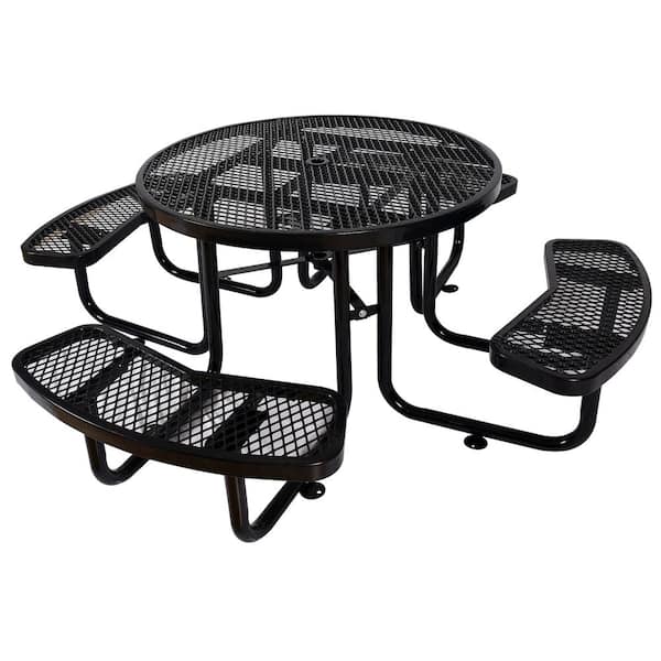 46 in. Black Round Steel Picnic Table Seats 8-People with Umbrella Hole