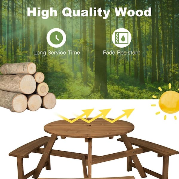 65 in. Dia 6-Person Round Wooden Picnic Table with Umbrella Hole and 3 Built-in Benches
