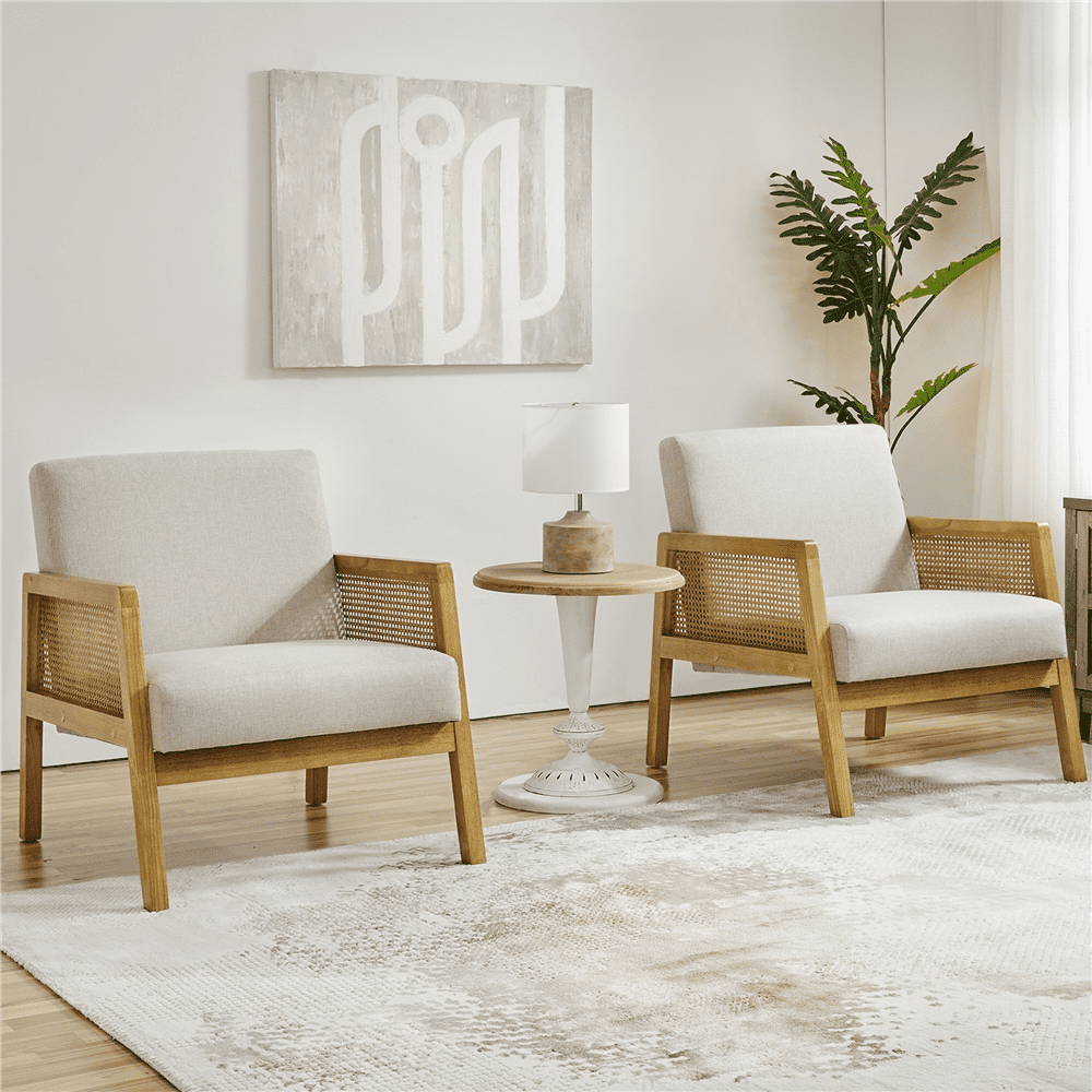 Easyfashion Upholstered Accent Chair with Rattan Sides for Living Rooms,Beige