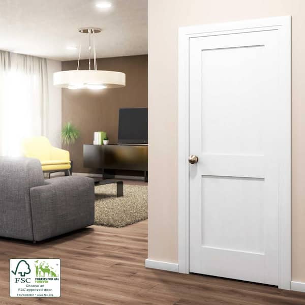 30 in. x 80 in. x 1-3/8 in. Shaker White Primed 2-Panel Solid Core Wood Interior Slab Door