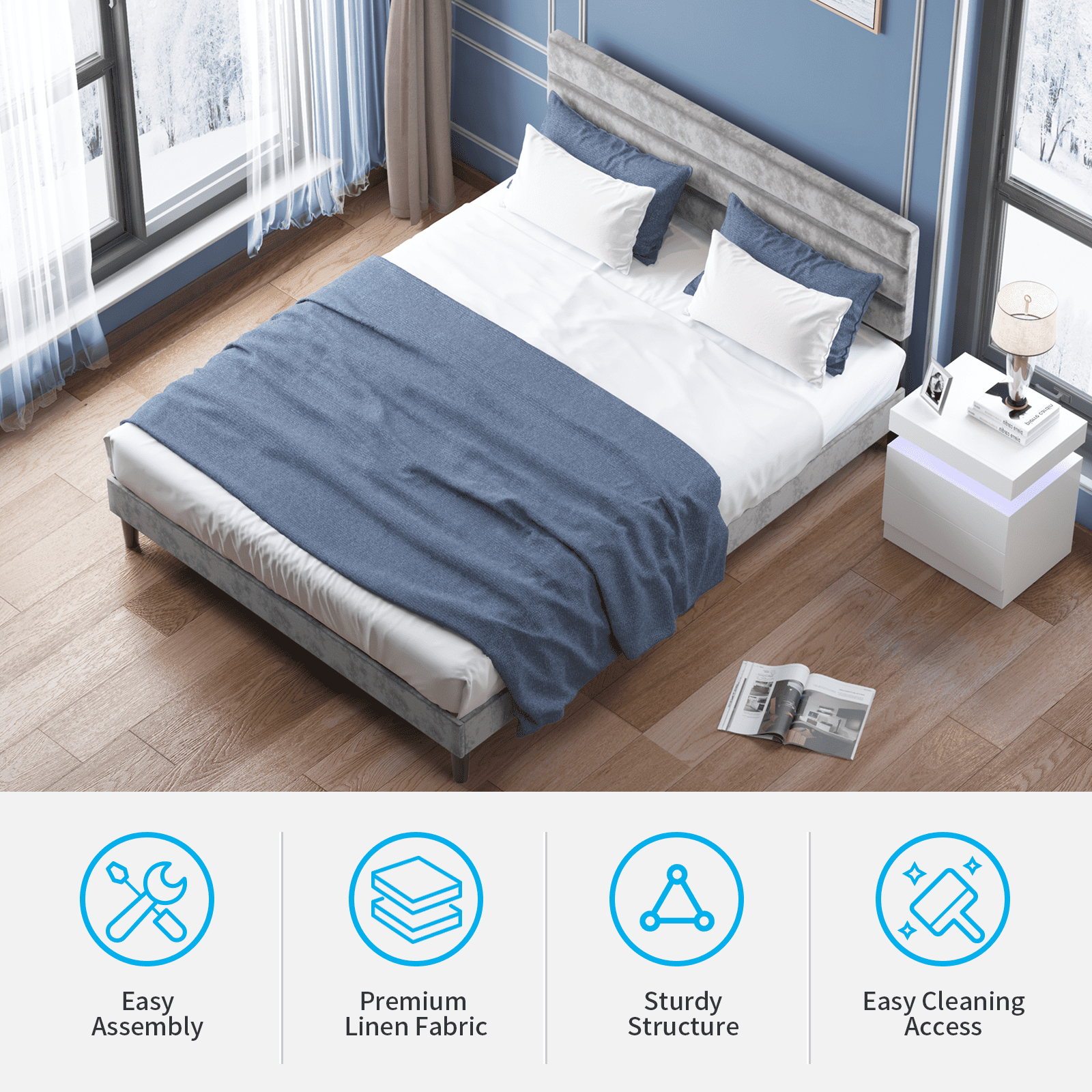 MUZZ Modern Upholstered Velvet Bed Frame, Platform Bed Frame Tufted | Light Grey, Full