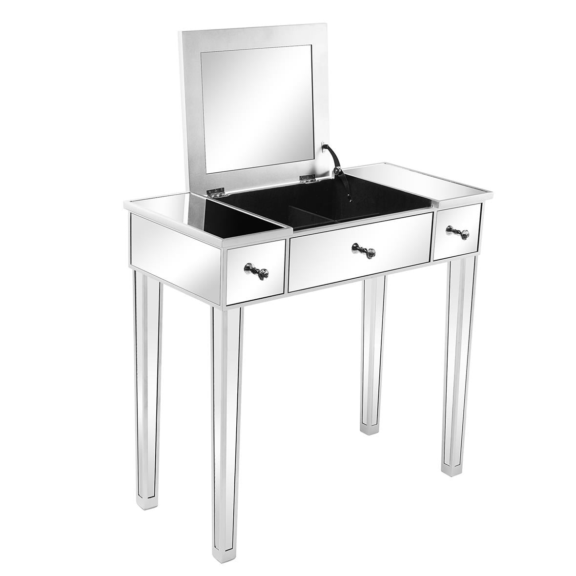 Zimtown Vanity Table Makeup Dressing Table Wood Jewelry Desk with Flip-top Mirror 3 drawers(Stool is NOt INCLUDED),Silver