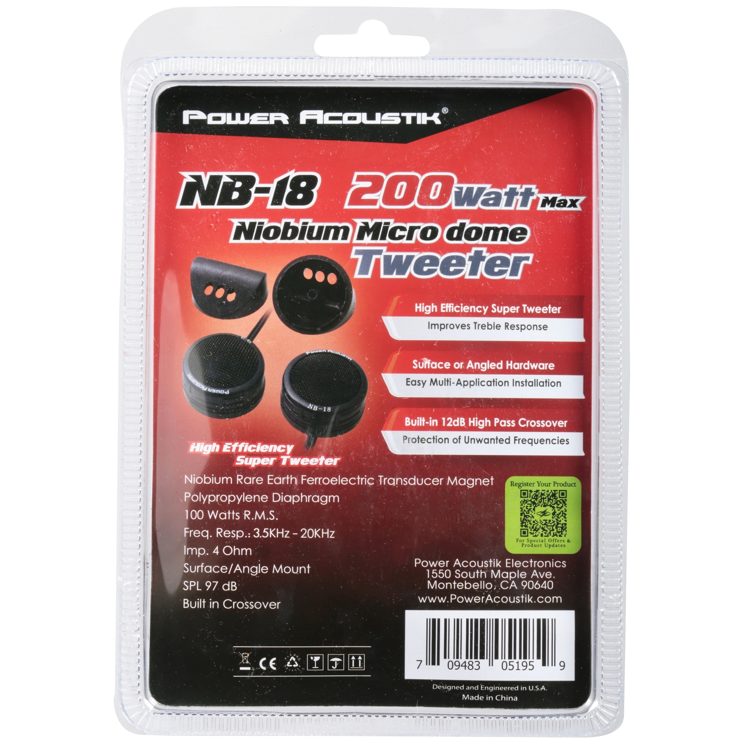 Power Acoustik NB-18 200 Watt Max Niobium Micro Dome Super Tweeter | Polypropylene Diaphragm | 100 Watt RMS Power