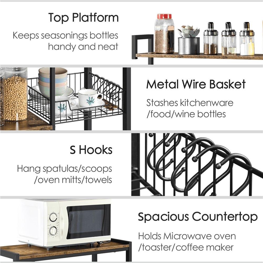 SmileMart 56″H 5-Tier Baker’s Rack with Wire Basket & Power Outlets With 6 S-shaped Hooks & Wire Basket, Rustic Brown