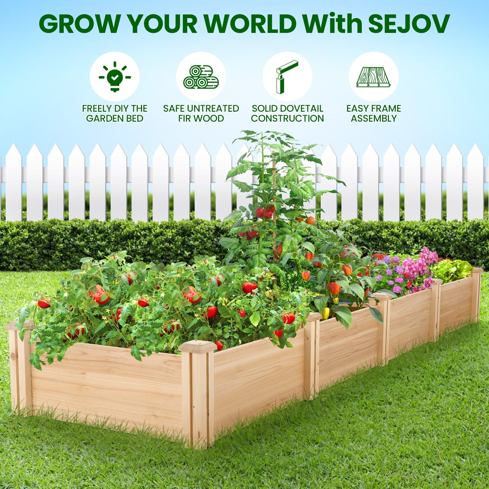 SEJOV Raised Garden Bed Divisible Wooden Planter Box Outdoor Patio Elevated Garden Box Kit Outdoor Garden Bed Planter to Grow Flower, Fruits, Herbs and Vegetables for Backyard, Patio, Balcony Natural