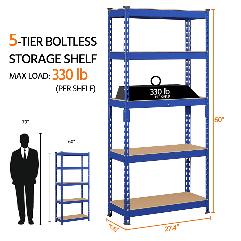 Smile Mart 5-Shelf Boltless & Adjustable Steel Storage Shelf Unit, Blue, Holds up to 330 lb Per Shelf