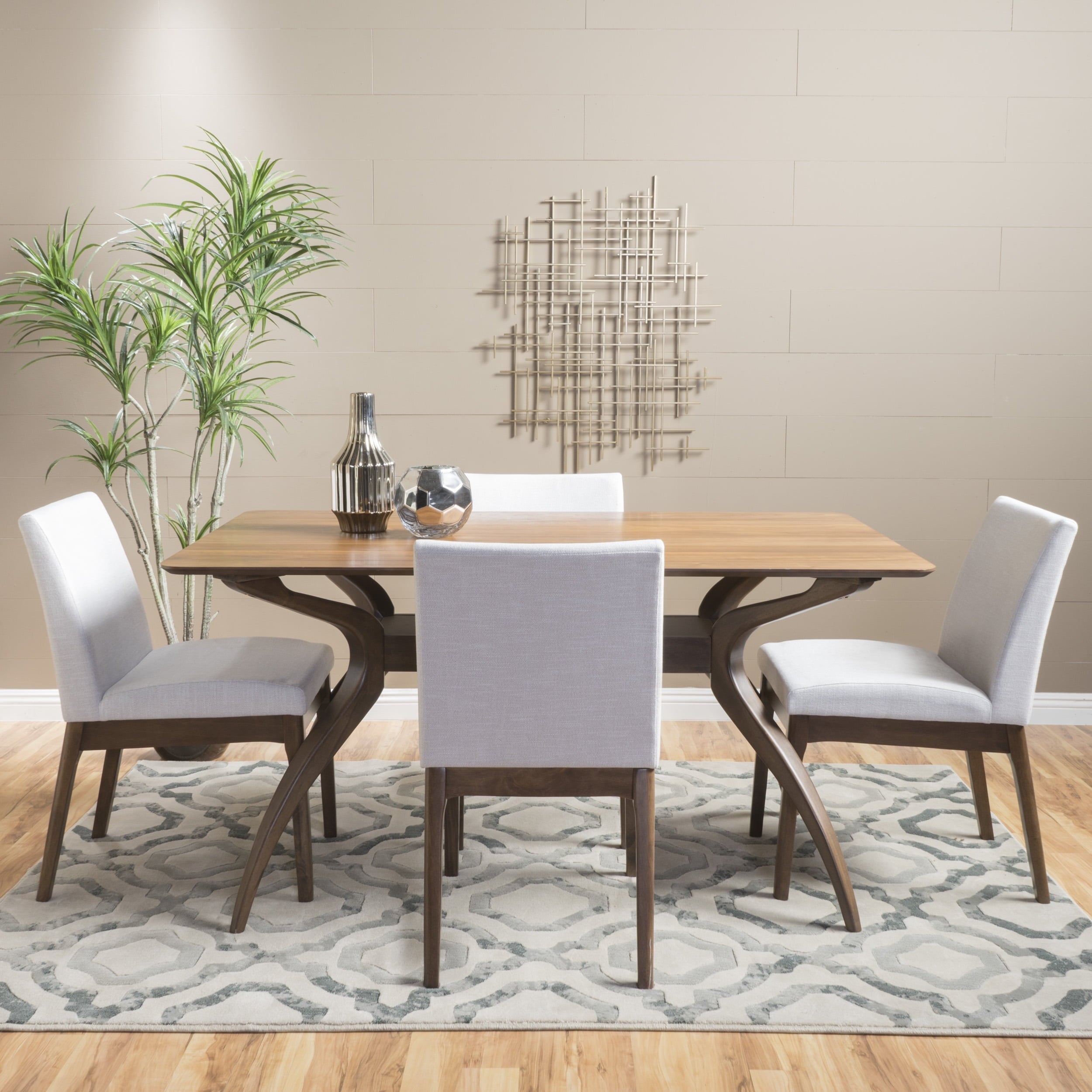 Noble House Caruso Mid-Century Modern 5 Piece Dining Set, Light Beige and Walnut