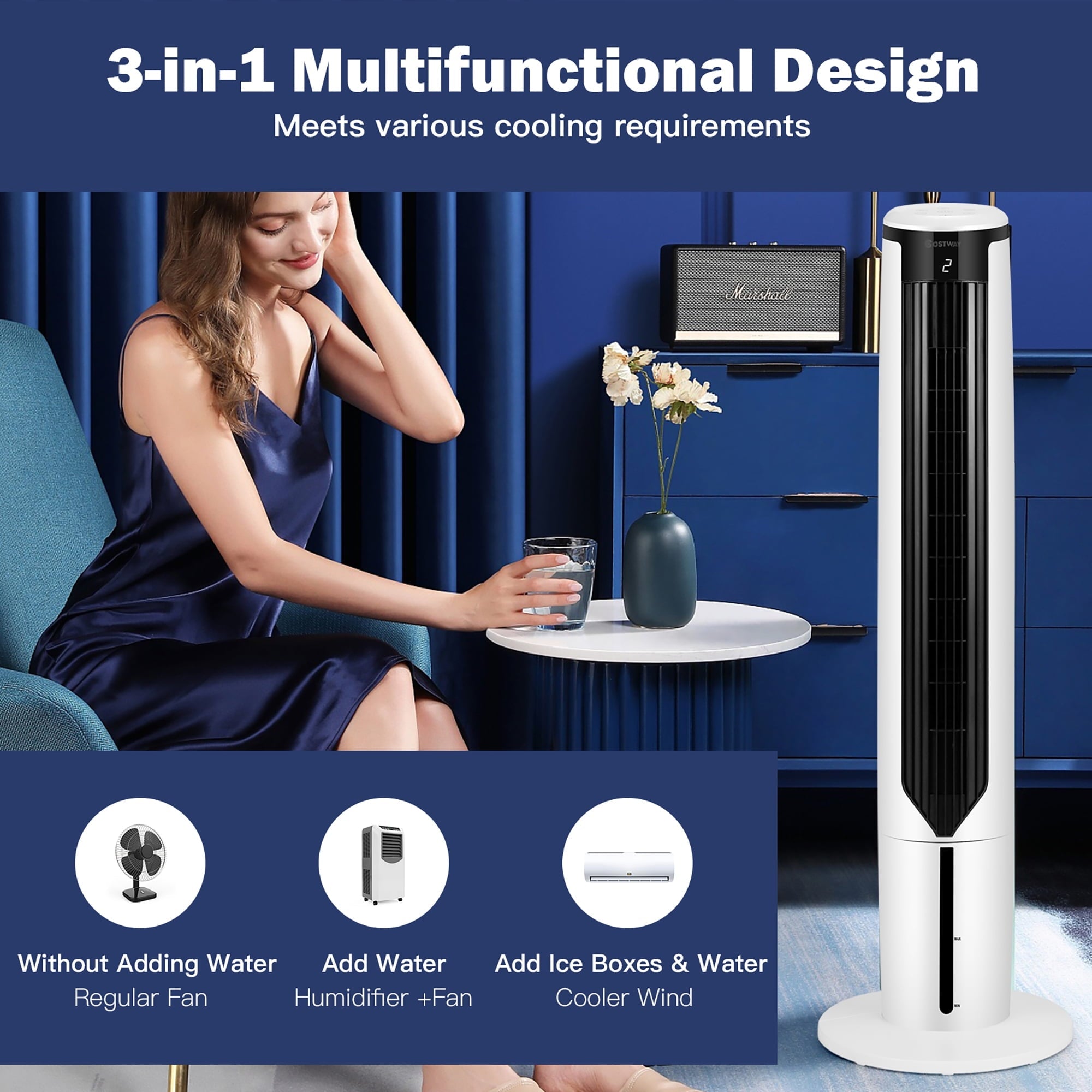 Costway 3-In-1 Evaporative Air Cooler 41'' Portable Tower Fan Humidifier