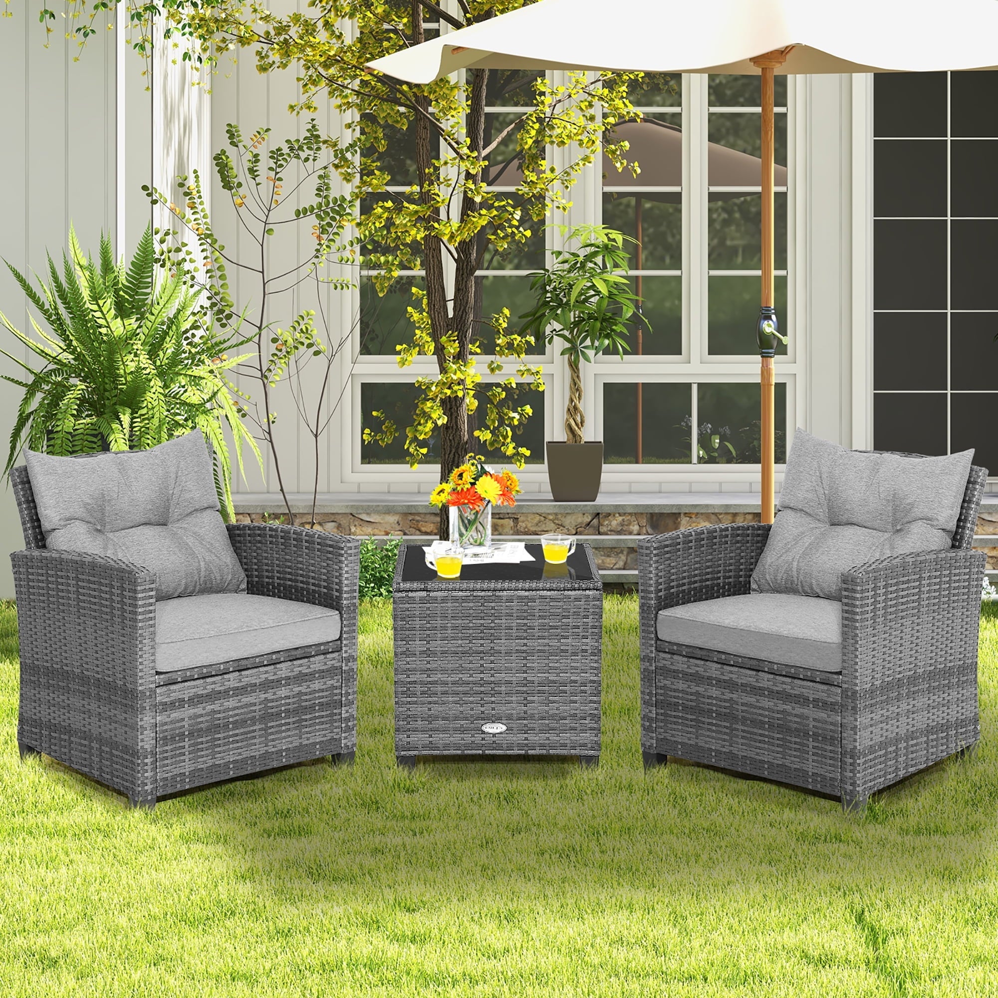 Costway 3PCS Patio Rattan Furniture Set Cushioned Conversation Set Sofa Turquoise