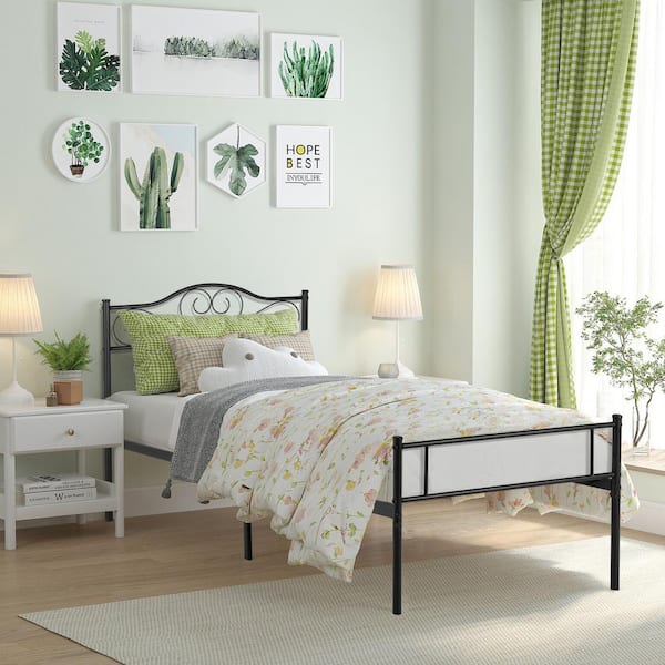 Twin size Bed Frame with Headboard, No Box Spring Needed, 39 in. W, Heavy Duty Steel Support for Teens Adults, Black