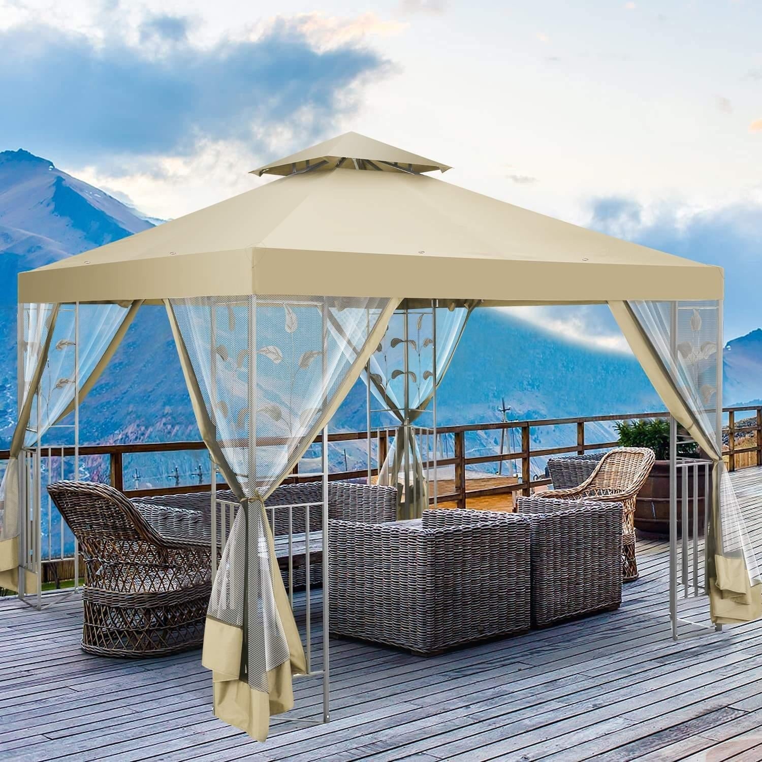 SANOPY 10'x 10' Metal Patio Gazebo, Outdoor Gazebo Canopy Tent for Backyard with Mesh Privacy Curtains, Gazebos Shelter with Display Shelves, Steel Frame, Patio Covers for Shade and Rain