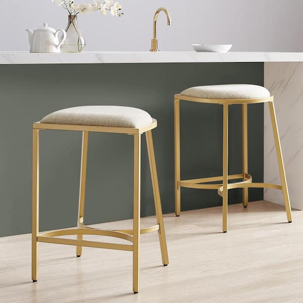 Ellery 24 in. Gold Backless Metal Cushioned Bar Stool with Fabric Seat (Set of 2)