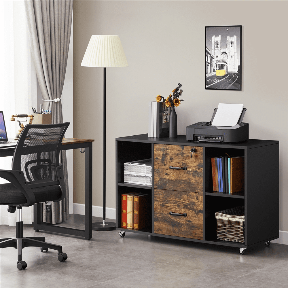 SmileMart Rolling File Cabinet with 2 Drawers, Black/Rustic Brown