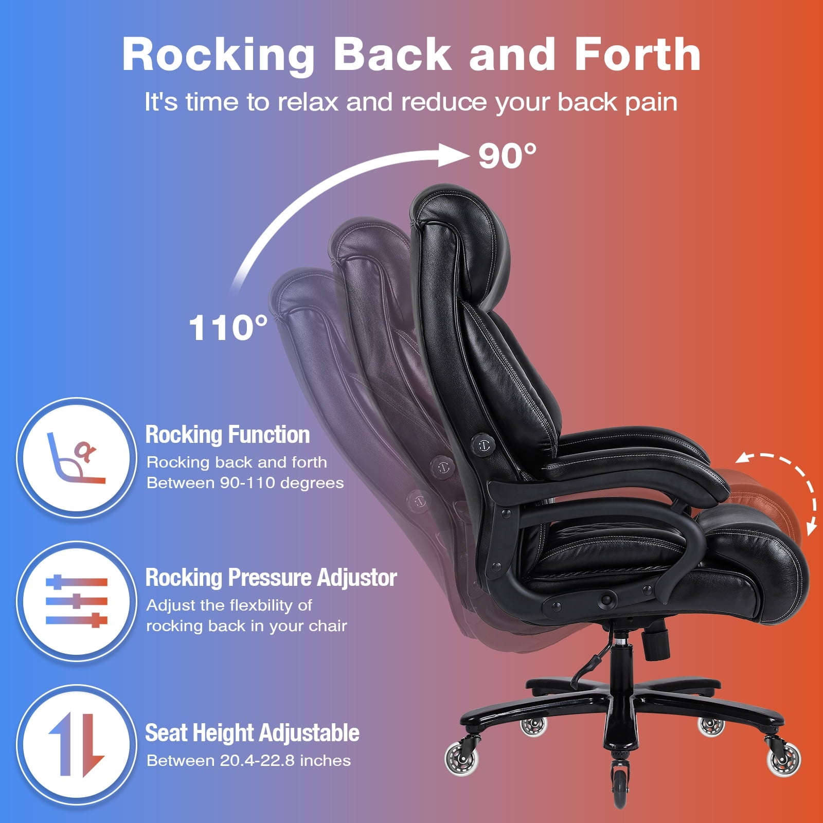 JONPONY Big and Tall Office Chair 500lbs for Heavy People with Quiet Rubber Wheels High Back Leather Executive Office Chair with Double Adjustment Lumbar Support,Black