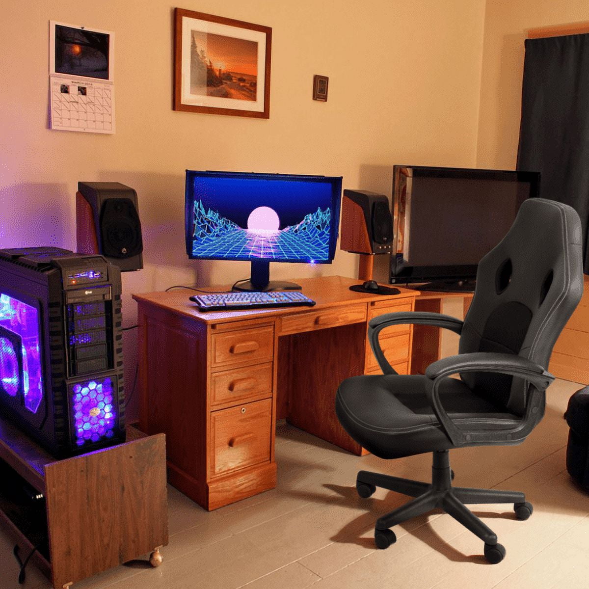 Vineego High Back Office Chair Faux Leather Gaming Racing Chair Ergonomic Adjustable Swivel Executive Chair, Black