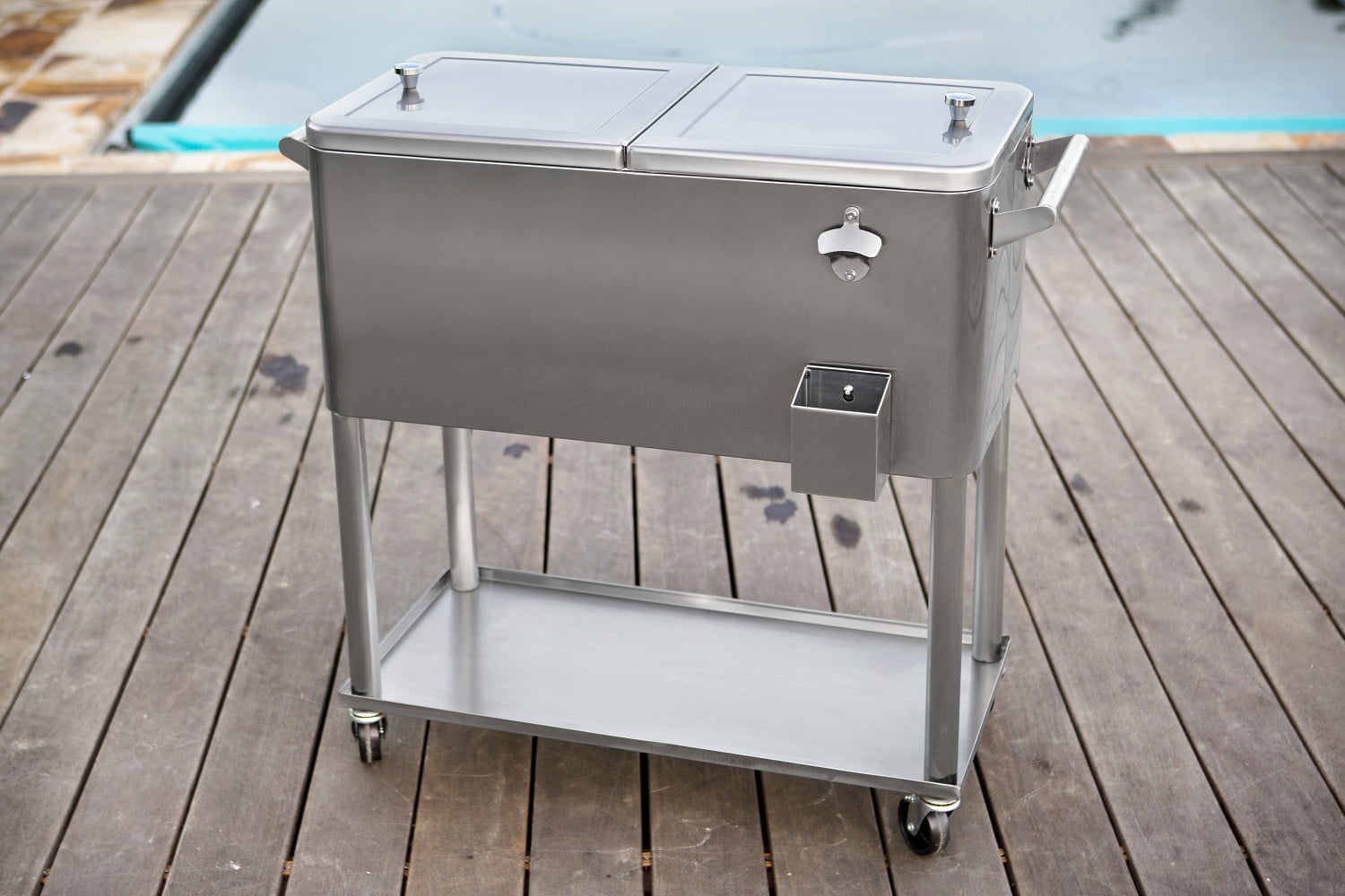 Permasteel PS-206-SS 80 Quart Rolling Patio Cooler with Bottom Tray, Stainless Steel