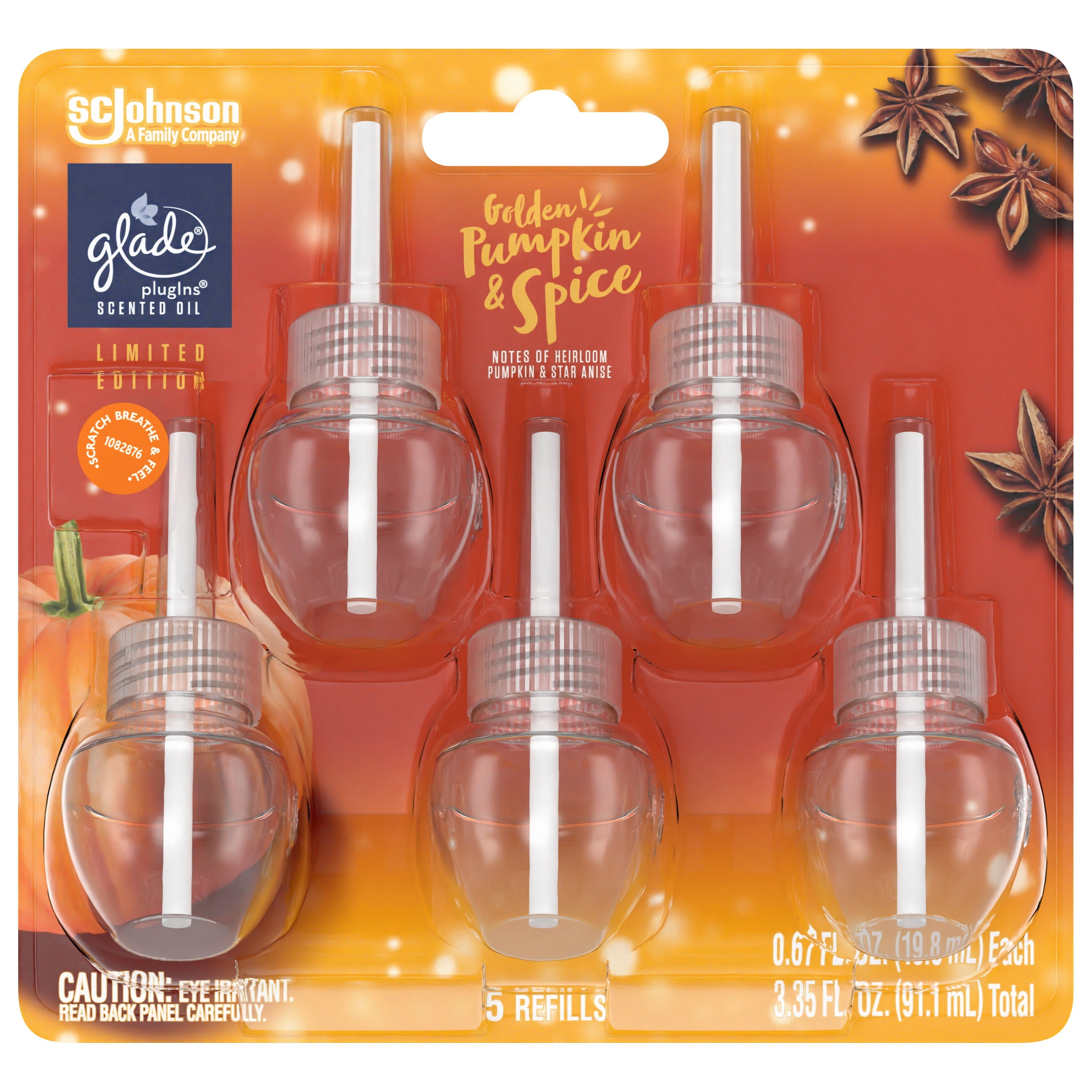 Glade PlugIns Scented Oil, Air Freshener, 5 Refills, Golden Pumpkin & Spice, 0.67 oz Each, 3.35 oz Total