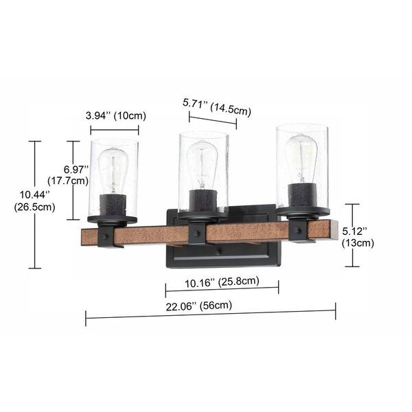 22 in. 3 Light Barn Wood and Matte Black Vanity Light with Clear Seeded Glass