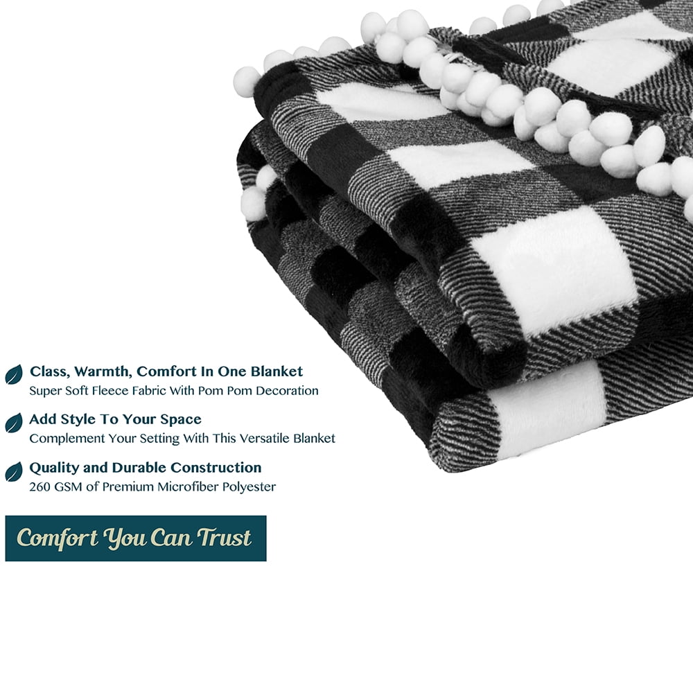 PAVILIA Fleece Throw Blanket with Pom Pom Fringe | Buffalo Plaid Checkered White, Black Flannel Throw | Super Soft Lightweight Microfiber Polyester | Plush, Fuzzy, Cozy | 50 x 60 Inches