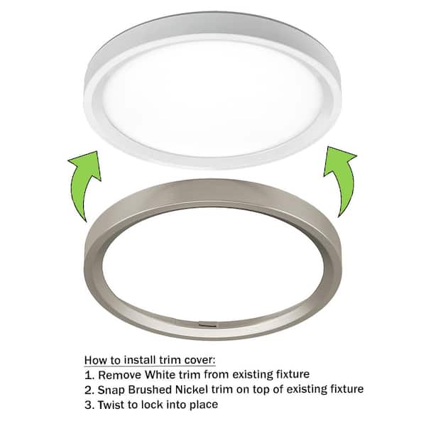 11 in. Color Selectable LED Flush Mount Ceiling Light w/ Night Light Optional White and Brushed Nickel Trim Rings