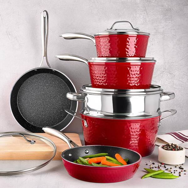 10-Piece Aluminum Hammered Ultra-Durable Non-Stick Diamond Infused Cookware Set in Red