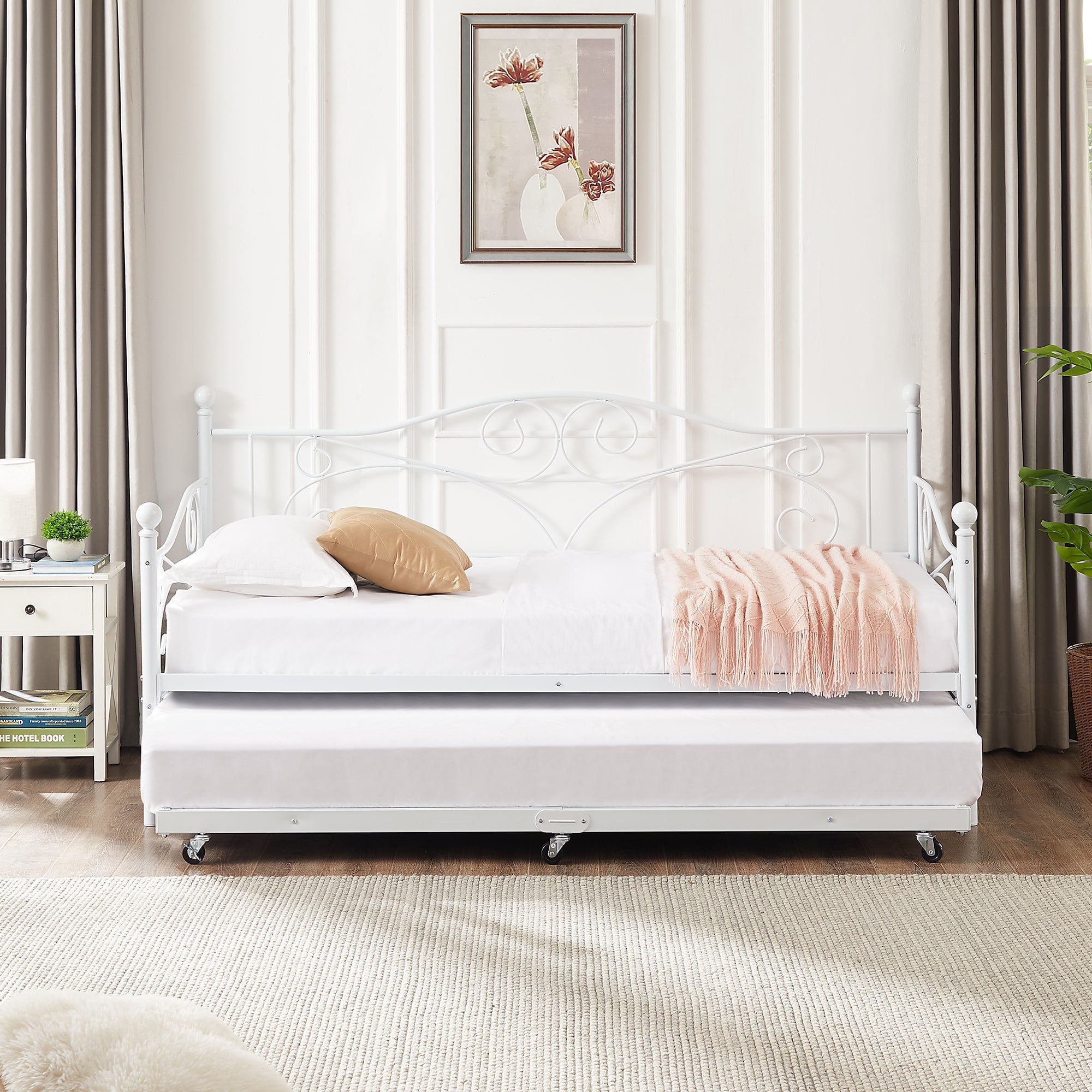 VECELO Twin Metal Daybed Frame with Trundle, Mattress Foundation Sofa Bed Platfrom with Headboard, No Box Spring Needed, White