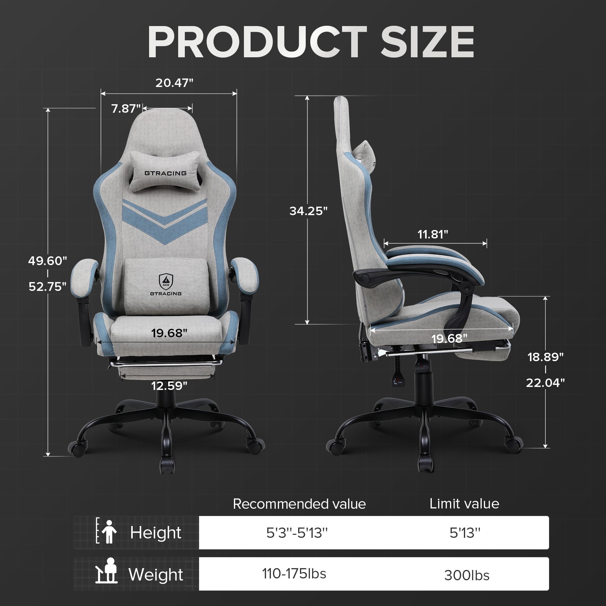 GTRACING Ergonimic Fabric Reclining Gaming Chair with Footrest and Linkage Armrests, Gray