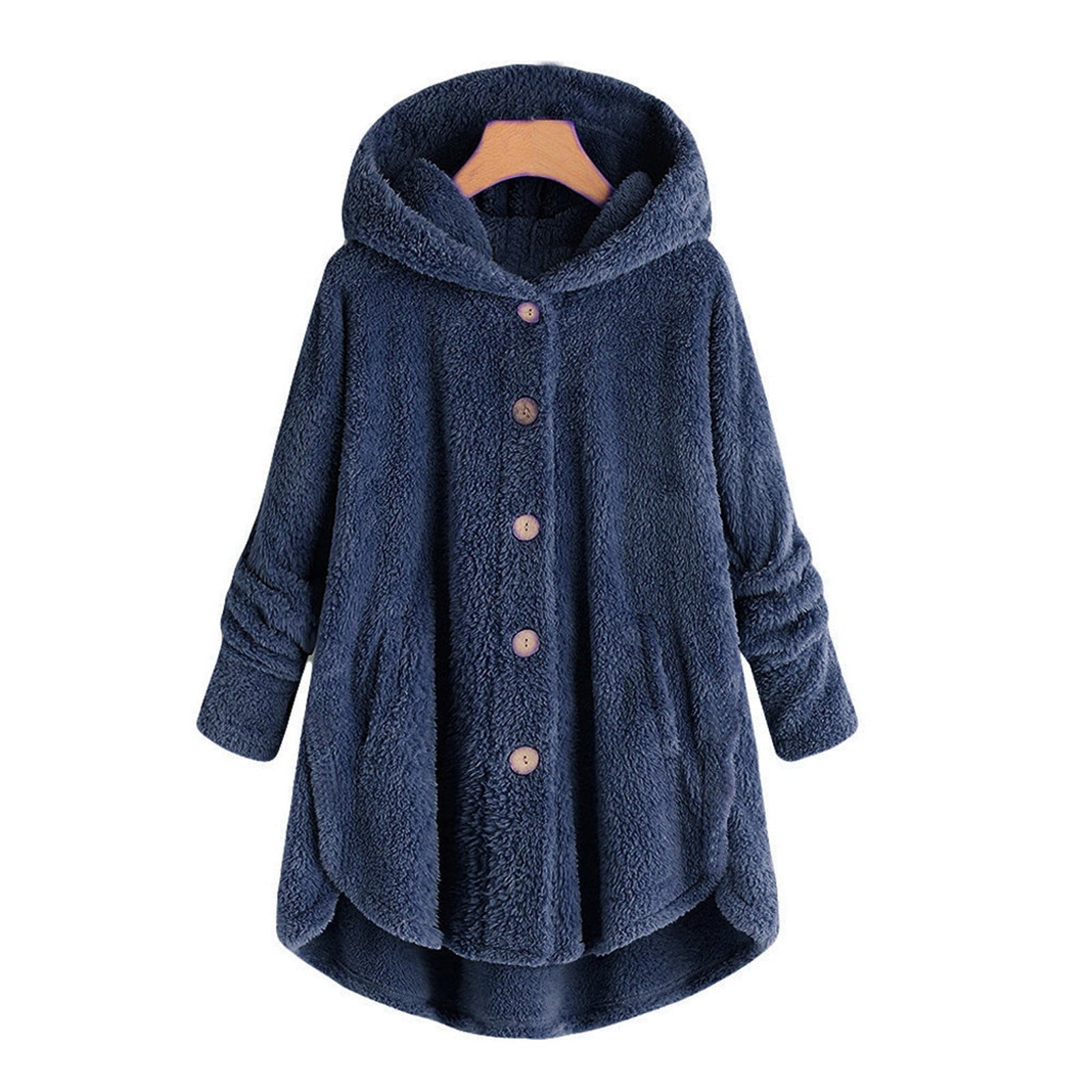 Womens Cardigan Plus Size Button Plush Tops Hooded Loose Cardigan Wool Coat Winter Jacket Navy Xl