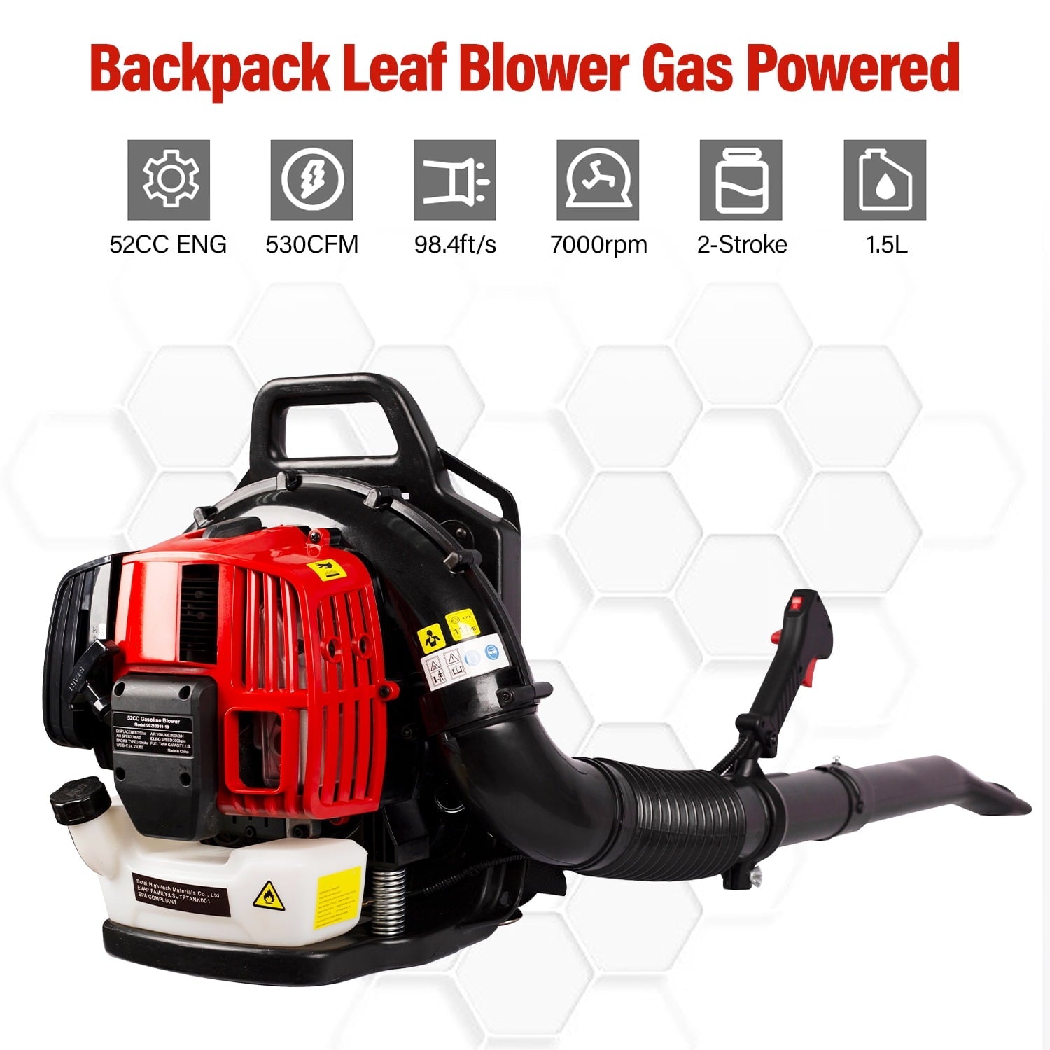 Leaf Blower Gas, BTMWAY 52CC 2-Cycle Backpack Leaf Blower Gas Powered, Portable Snow Blowers with Extension Tube, Adjustable Shoulder Straps, Gas Leaf Blower for Lawn Garden Park Care, Red