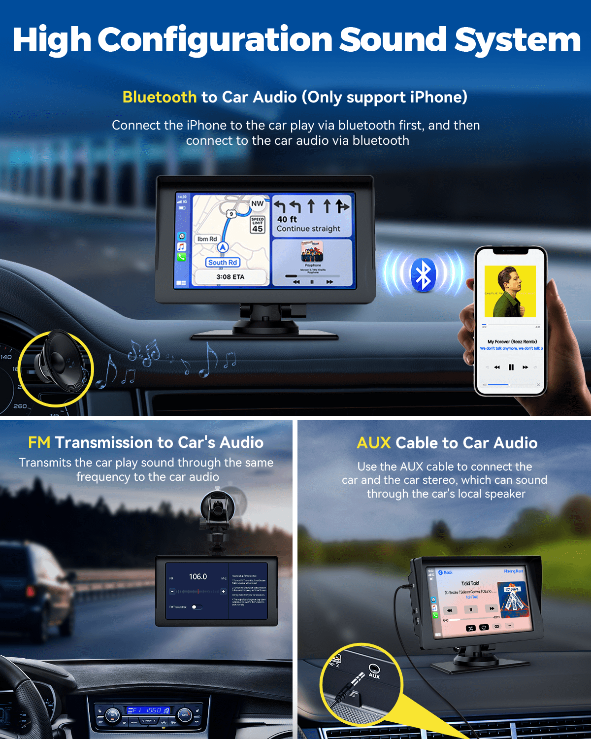 Lamtto Wireless Apple Carplay & Android Auto Car Stereo with Bluetooth, 7'' Touchscreen Carplay Car Radio with Siri, AUX, FM, Multimedia Player, GPS Navigation