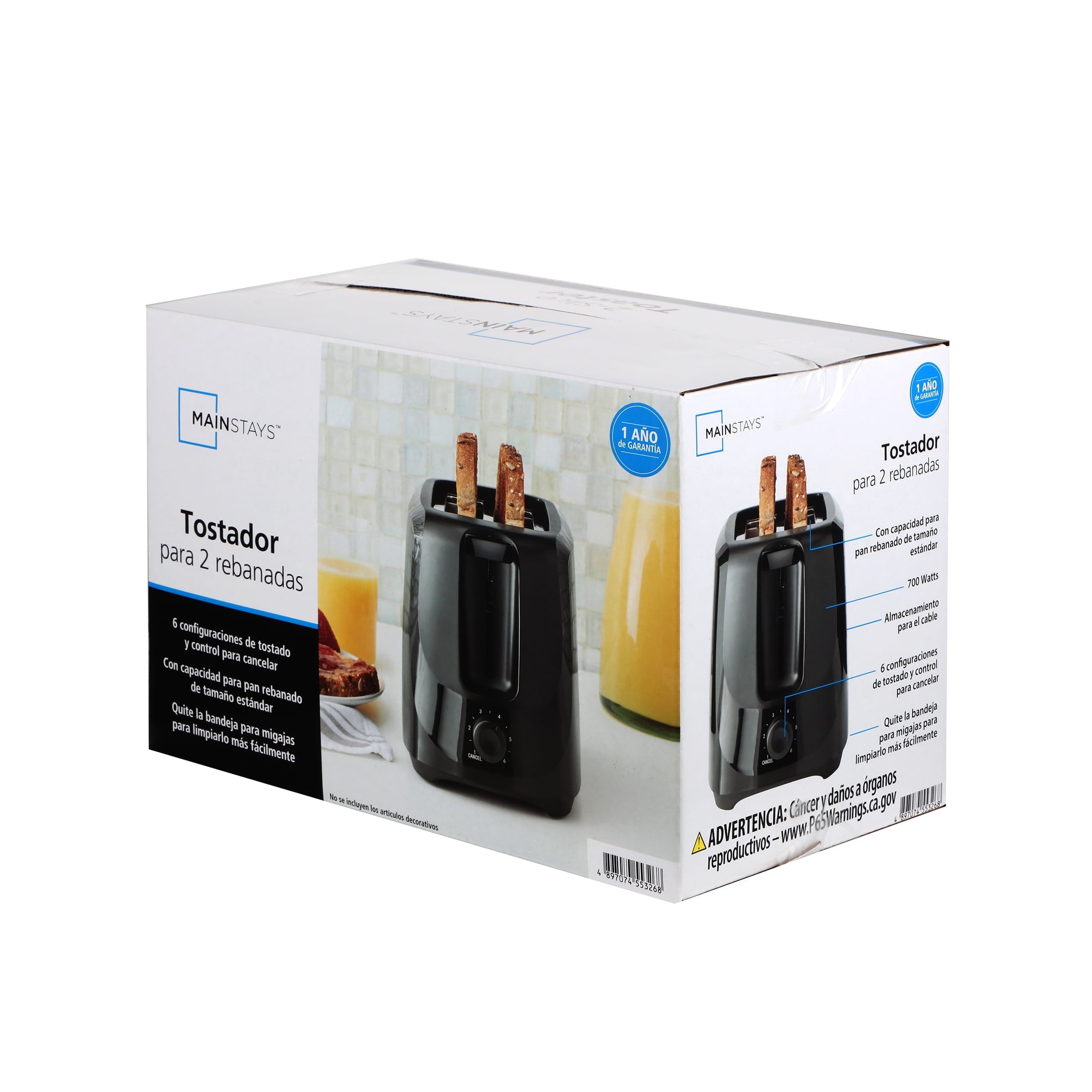 Mainstays 2-Slice Toaster, Black with 6 Shade Settings and Removable Crumb Tray