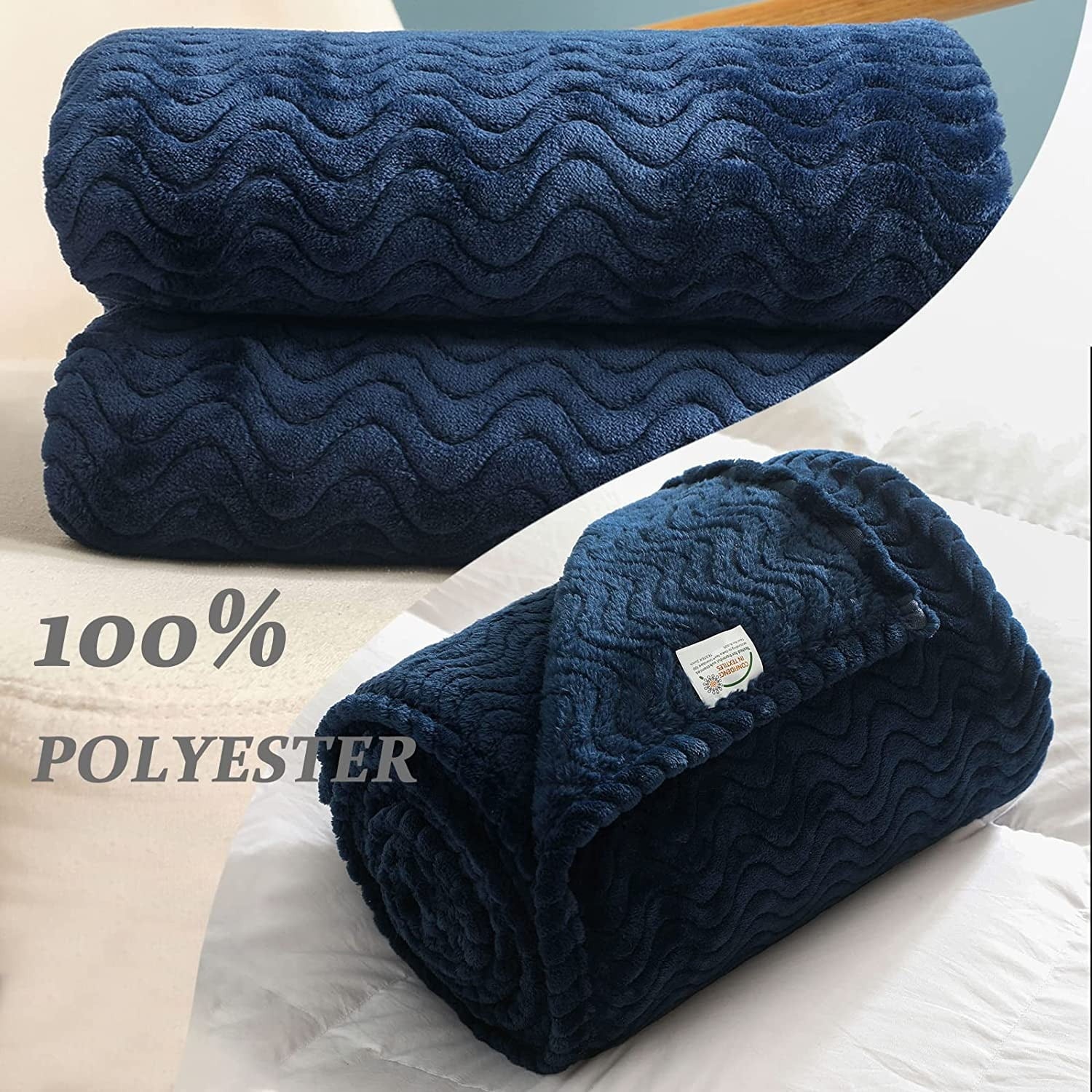 Exclusivo Mezcla Large Flannel Fleece Throw Blanket, Jacquard Weave Wave Pattern (50