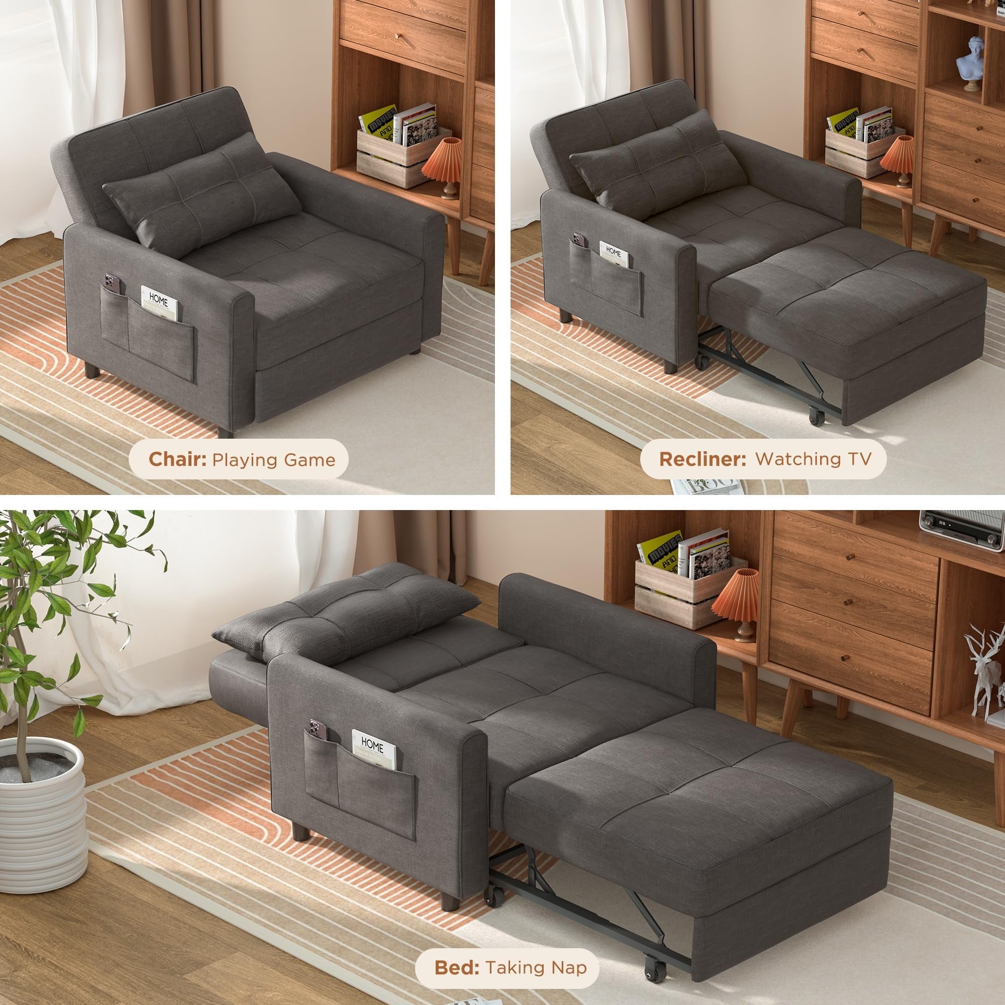 Convertible Sofa Bed, 73.6'' 3 in 1 Sleeper Chair Bed with Adjustable Backrest, Dark Gray