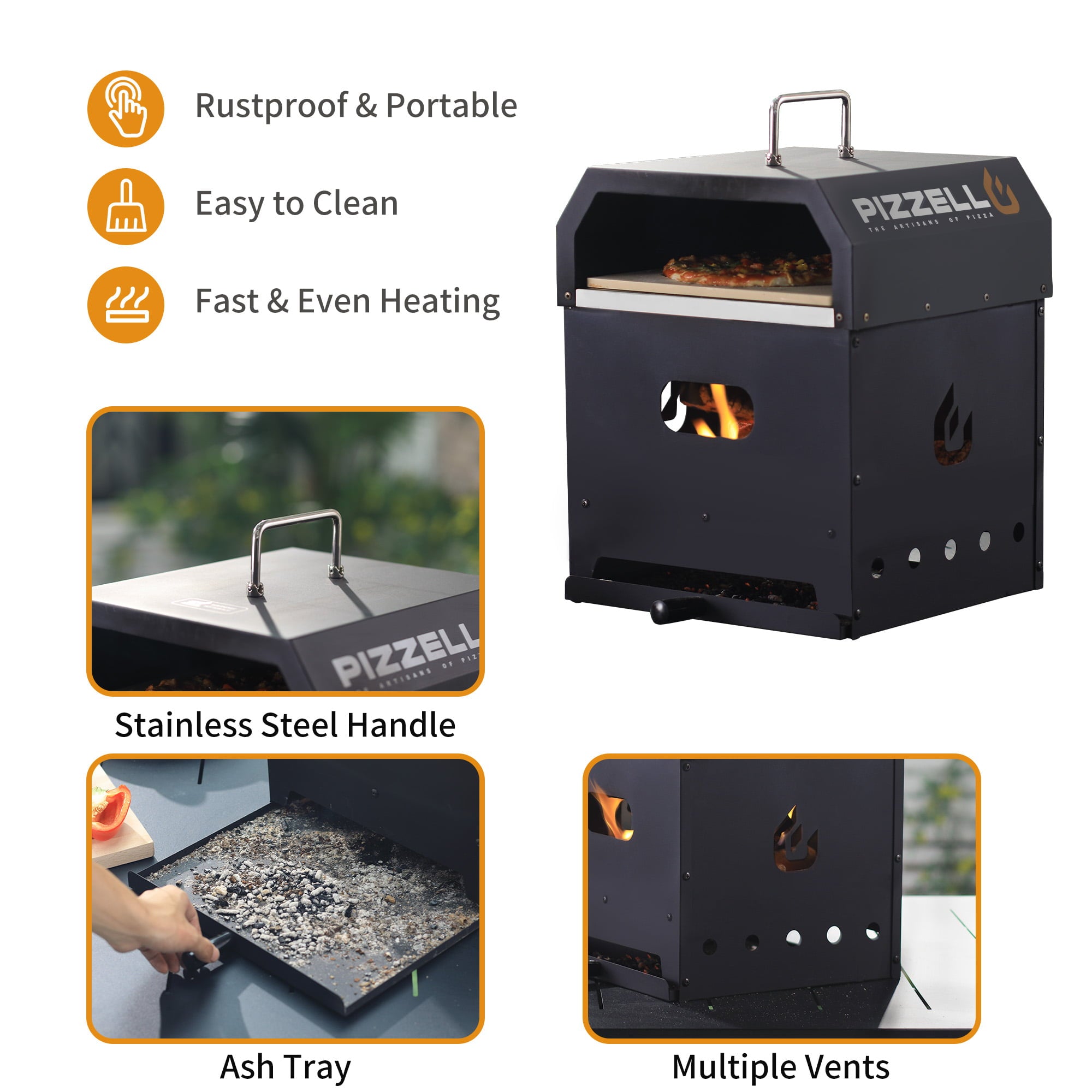 Pizzello Gusto 4 in 1 Outdoor Pizza Oven Wood Fired 12 inch Bbq Pizza Maker 2-Layer Detachable, Black