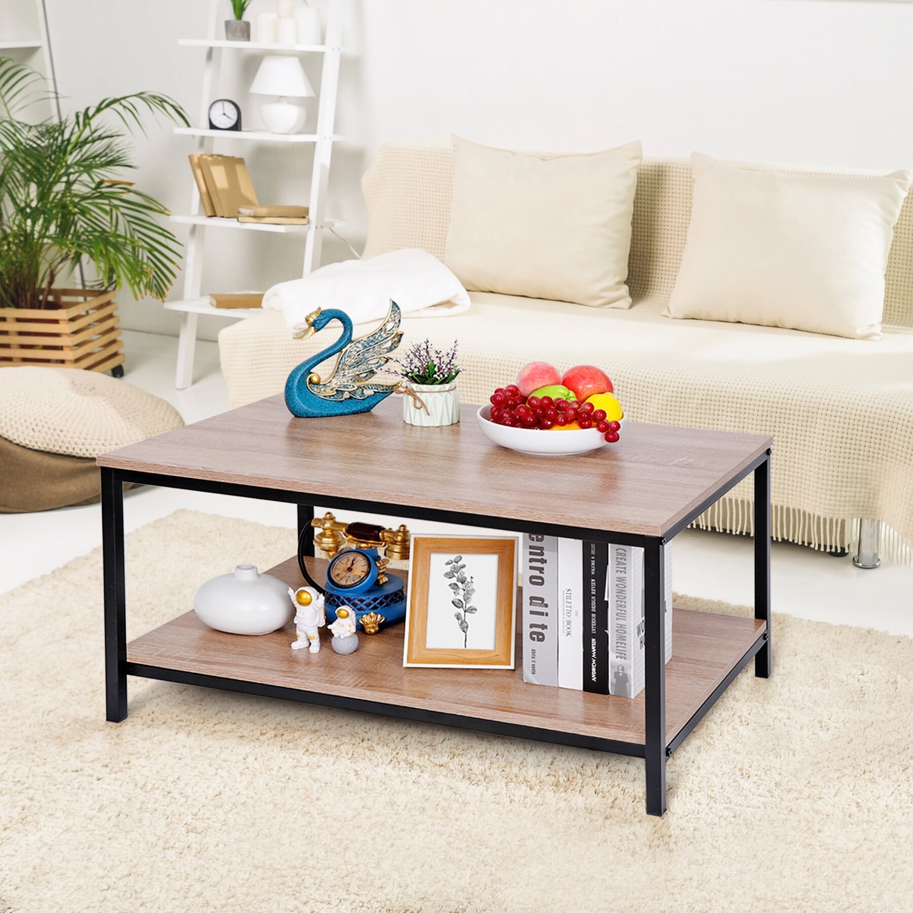 HomGarden Industrial Rectangle Wood Coffee Table Metal Cocktail Table, Natural