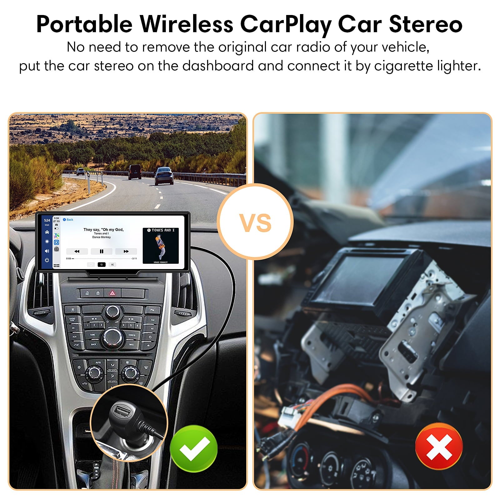 Wireless Carplay Android Auto Portable Car Stereo, 64G SD Card, 2.5K Dash Cam, Backup Camera, Bluetooth, GPS Navigation Car Radio, Bluetooth/FM Transmission, 10