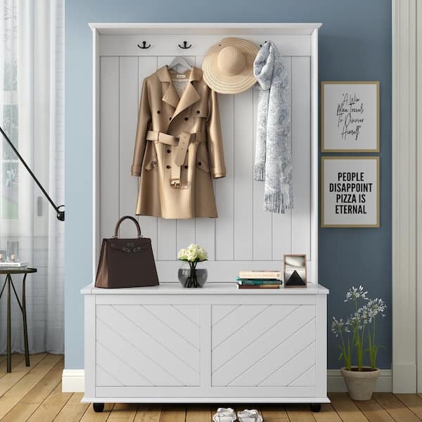 White Hall Tree with 4-Hooks 3-in-1 Design Coat Hanger with Flip-Top Storage Bench