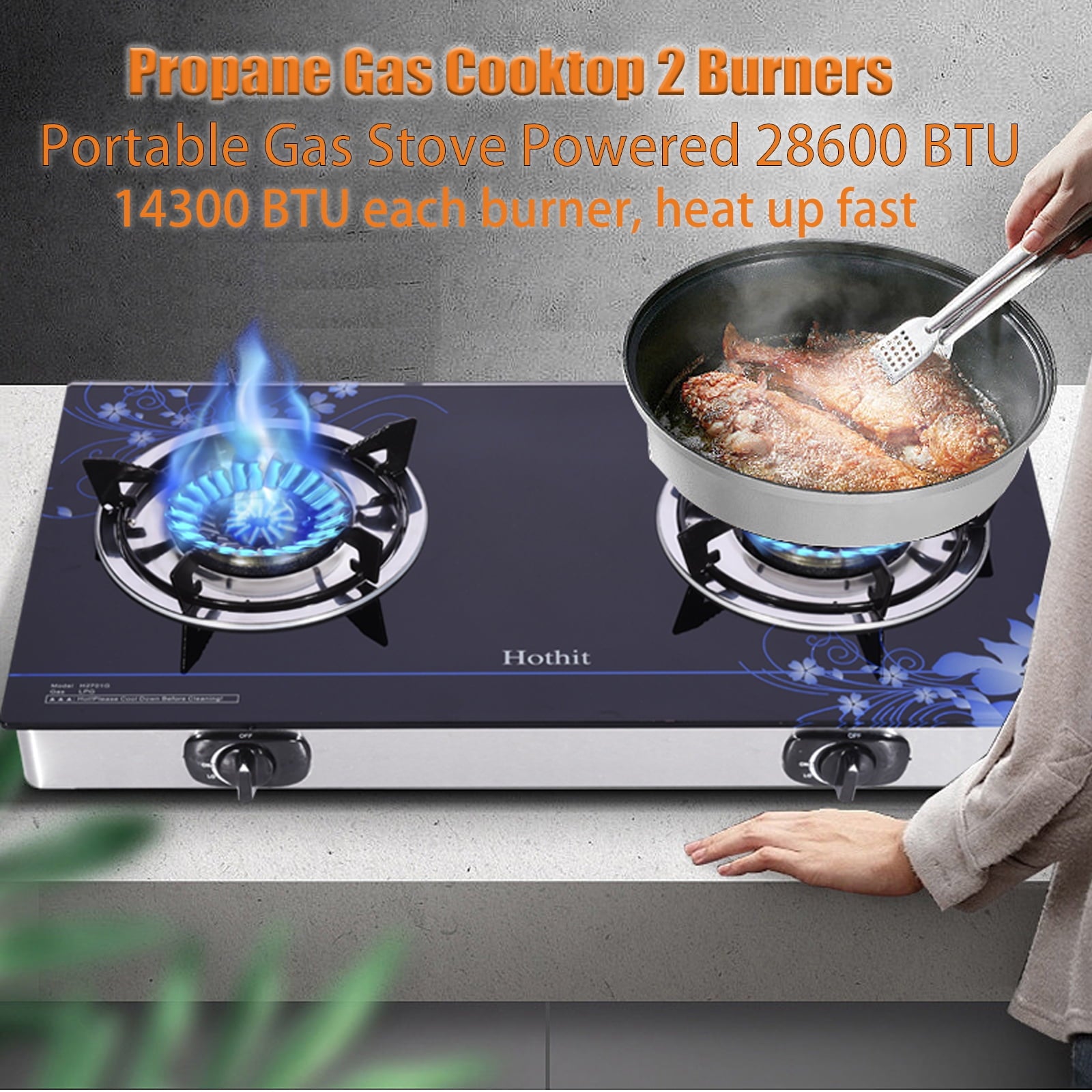 Hothit Portable 2 Burner Propane Stove Gas Cooktop Tempered Glass 28600 BTU,Black