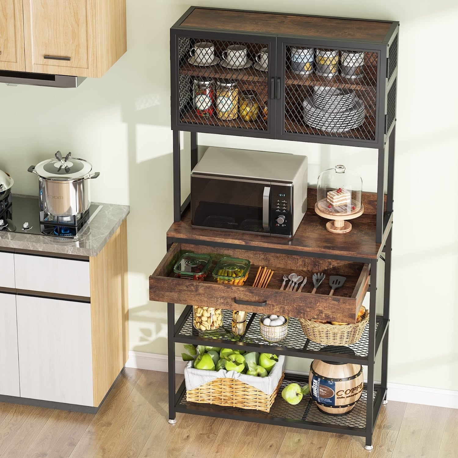Tribesigns Kitchen Bakers Rack, Microwave Oven Stand with Open Shelves Cabinet and Drawer, Brown