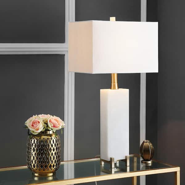 Sloane Alabaster 30 in. White/Brass Gold Table Lamp with Off-White Shade