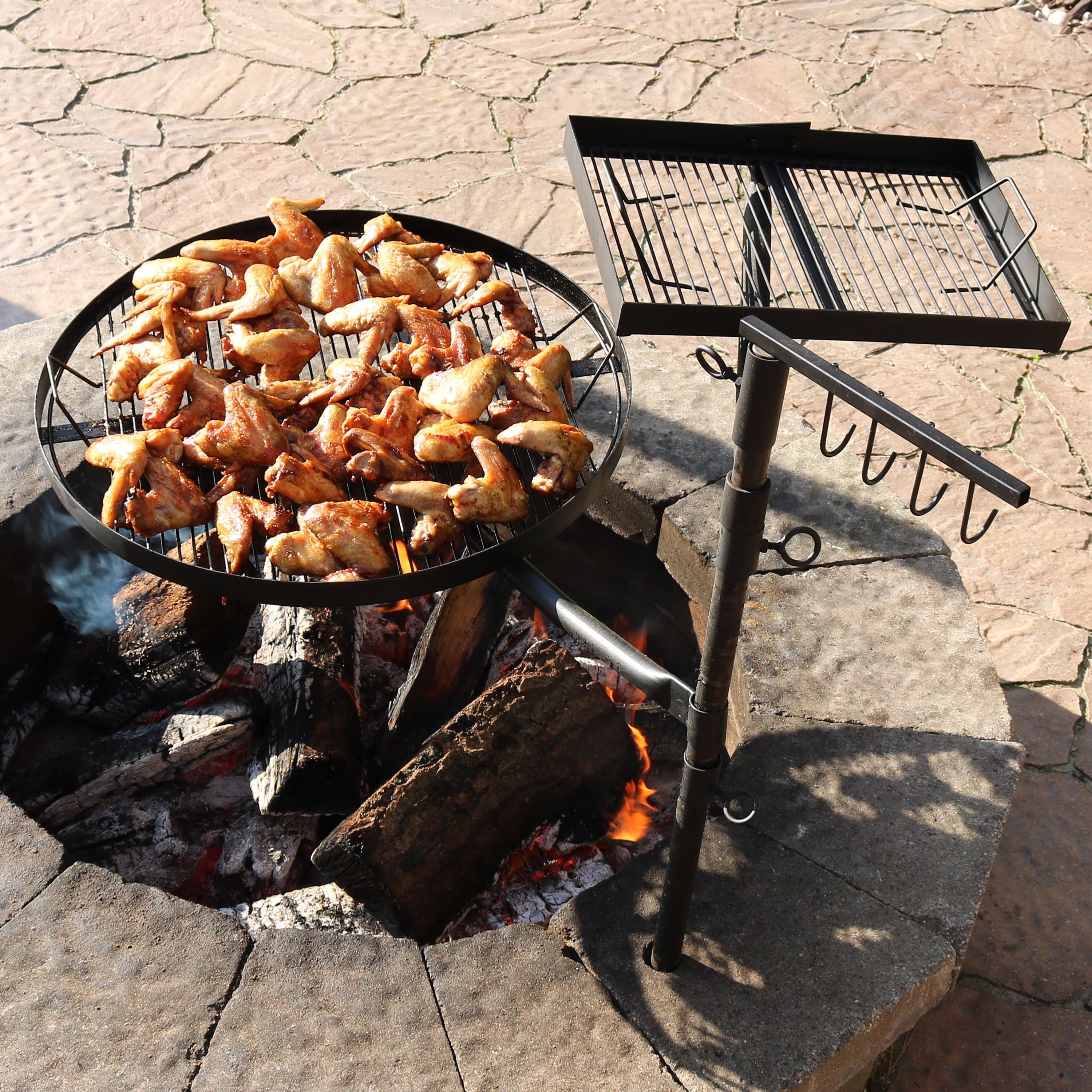 Outdoor Camping or Backyard Steel Adjustable Cooking Grilling Fire Pit BBQ Stake with 2 Swivel Swing Grates