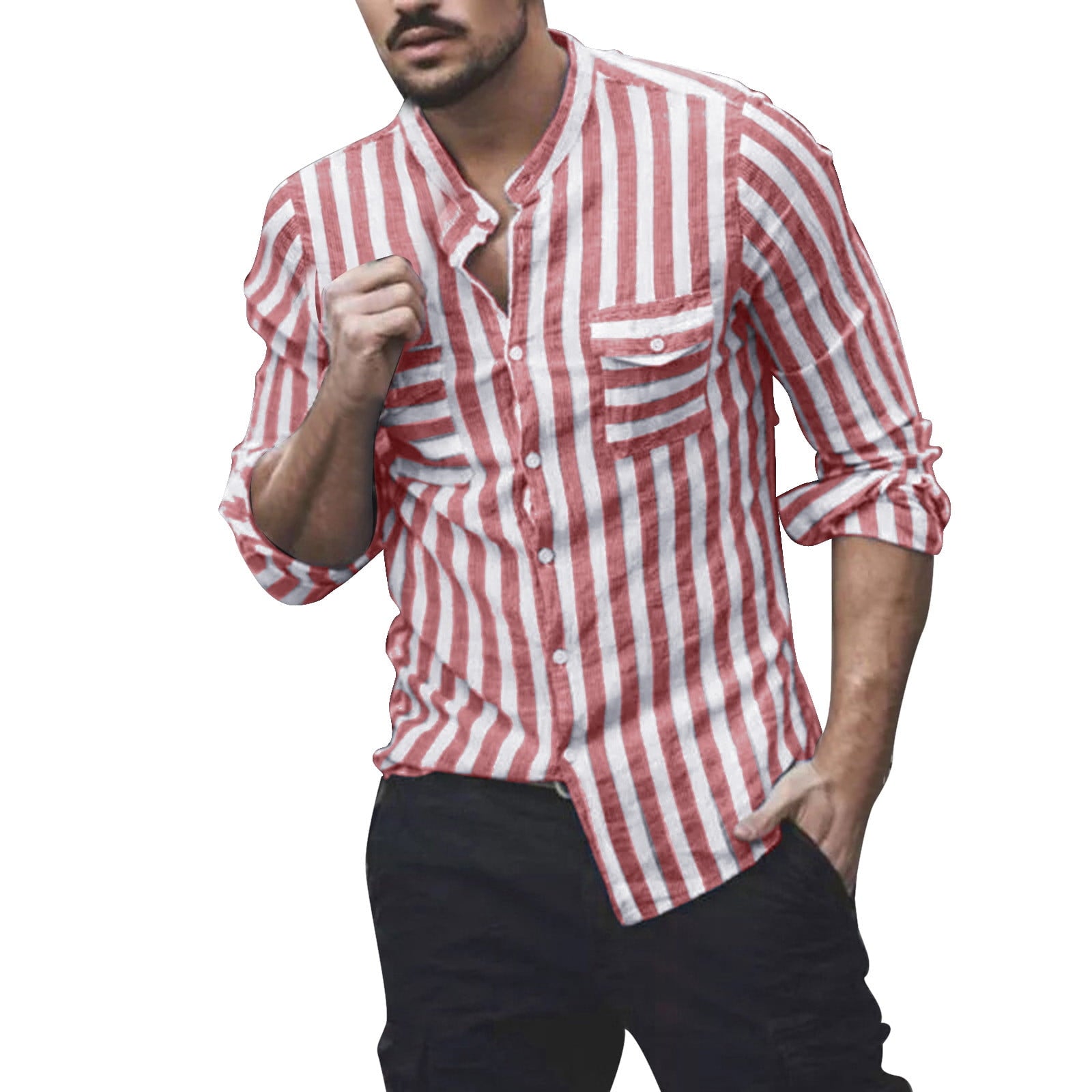 red mens t shirt mens fashion casual striped linen buckle collar pocket long sleeve shirt top