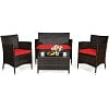 Costway 4PCS Rattan Patio Furniture Set Cushioned Sectional Sofa Chair Coffee Table Red