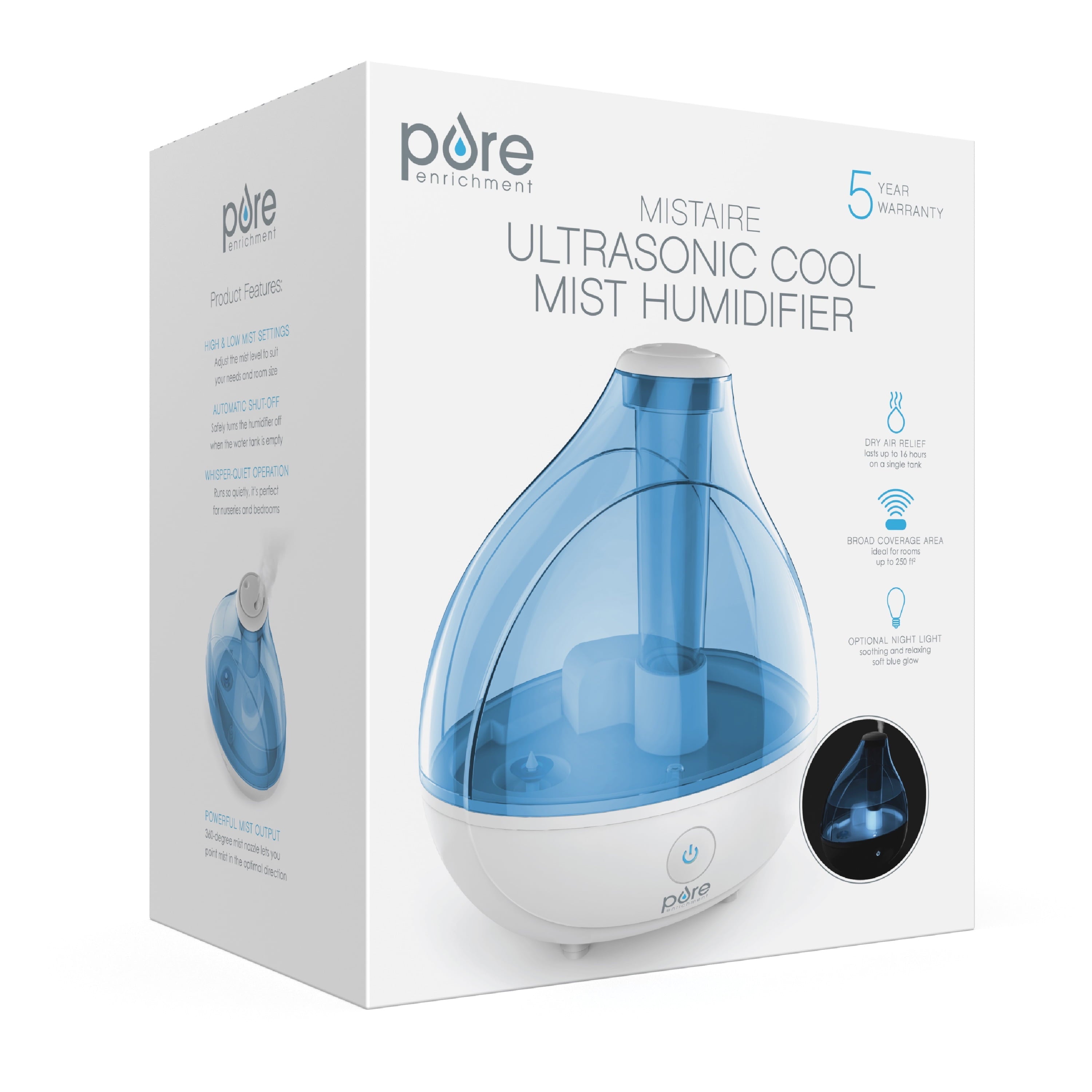 Pure Enrichment MistAire Ultrasonic Cool Mist Humidifier - Quiet Air Humidifier That Lasts Up To 25 Hours, 360° Rotation Nozzle, Auto Shut-Off, Night Light